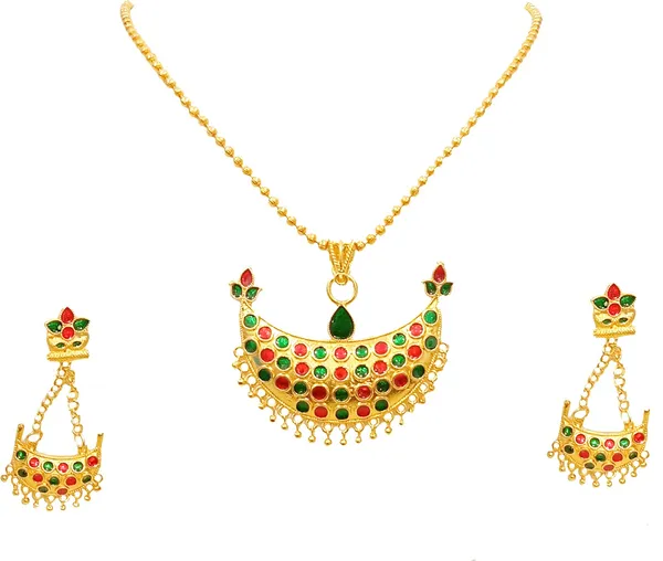 Assamese_Traditional_Gold_Plated_Red_Green_Colour_Joonbiri_Chain_Jewellery_Set_For_Women